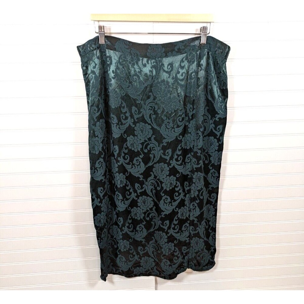 Vintage Jordan Ross Skirt Womens 22 Green Floral Satin Pencil Midi Slit Plus USA